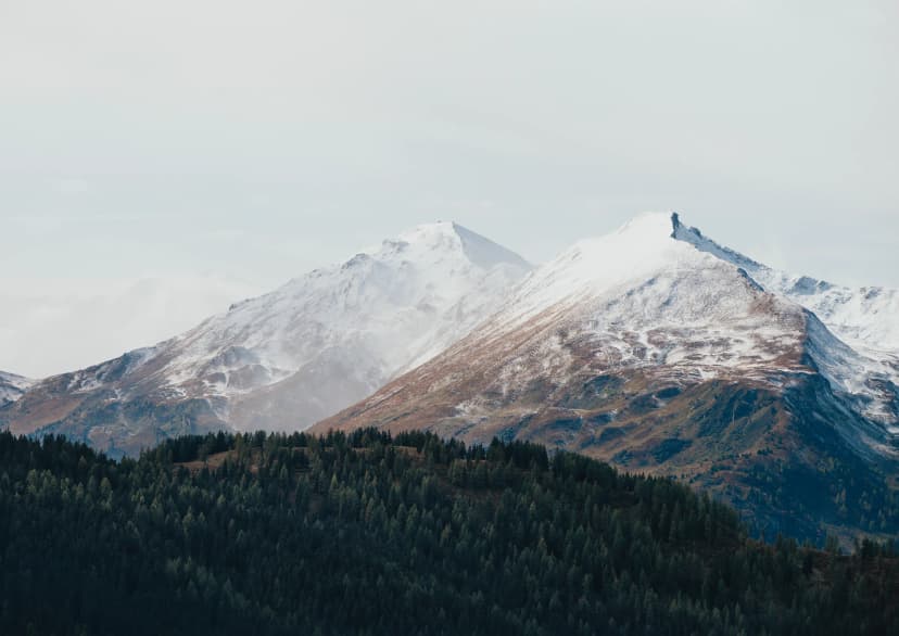Berge mit schneebedeckten Gipfeln und Wald für deine Pension